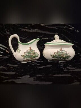Vintage Spode Christmas Tree Sugar Bowl‎ & Creamer Set Made In England